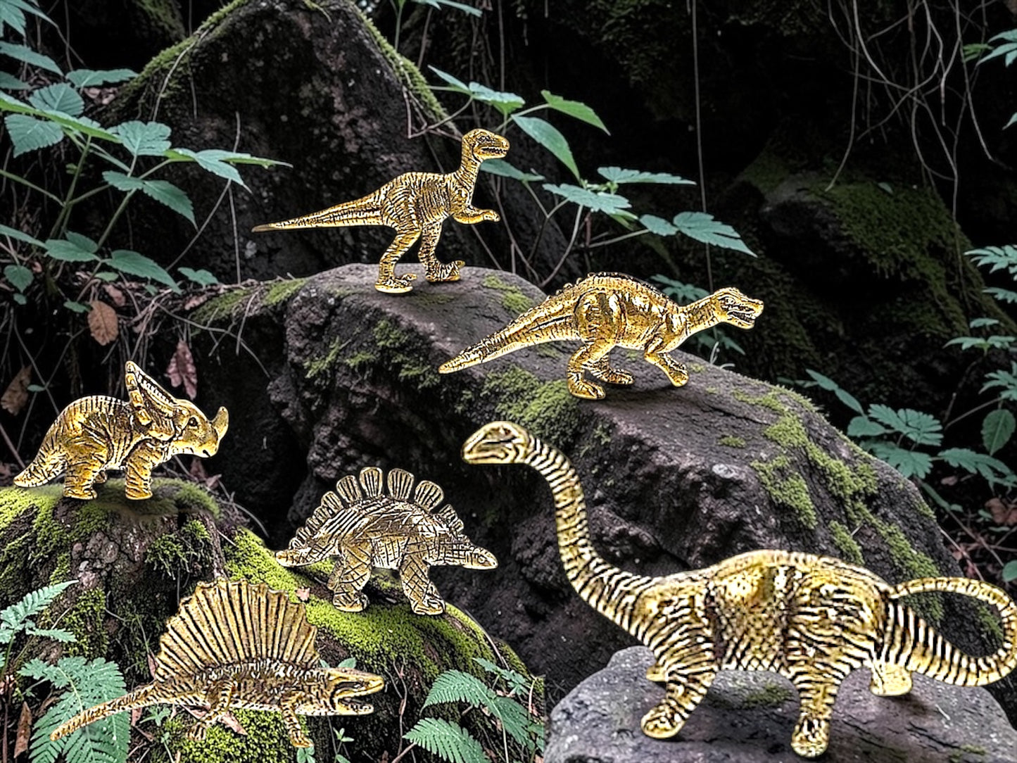 Brass Mini Dinosaur Jungle Pack Collectible Figurines - Set Of 6