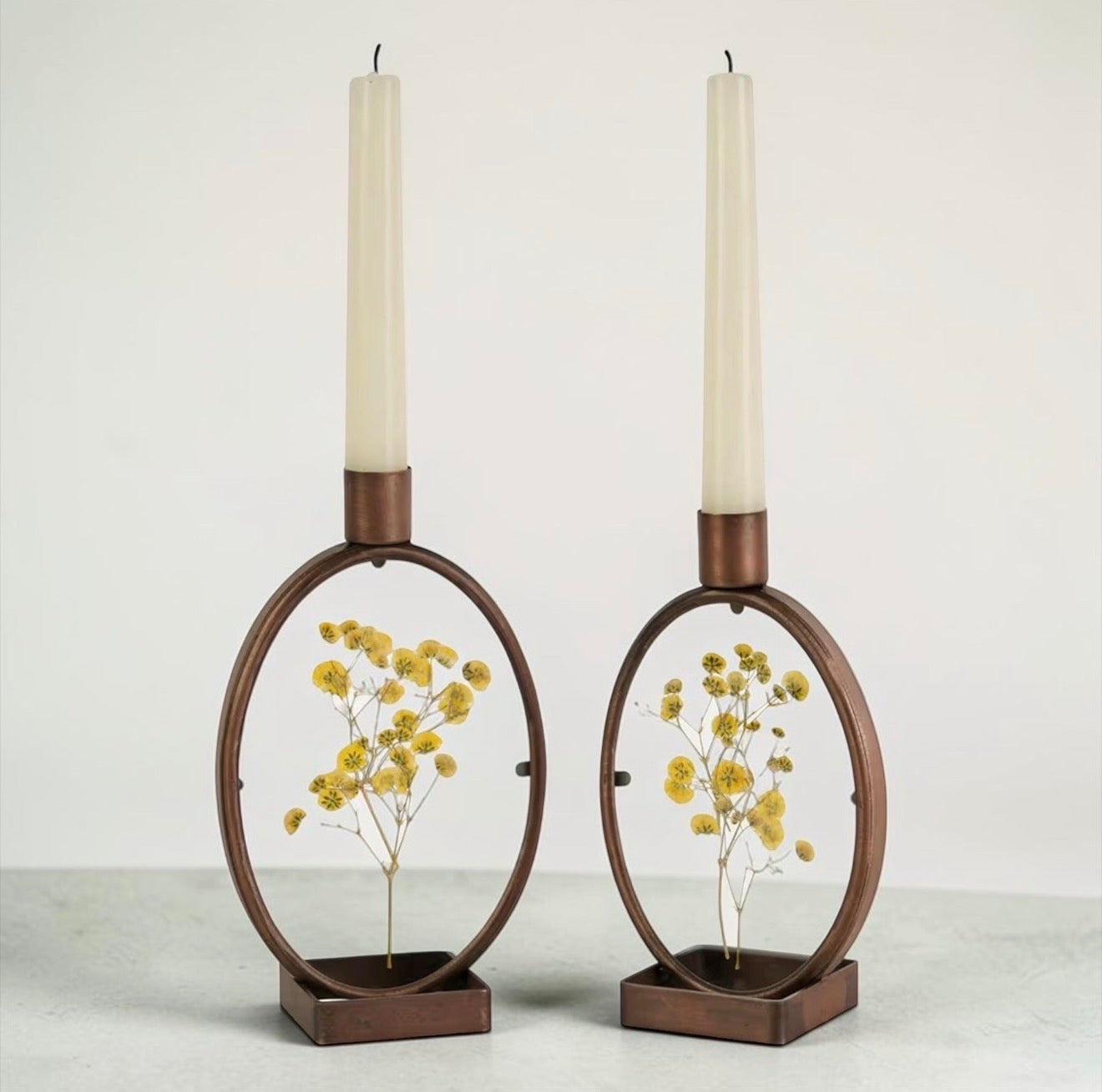 Vintage Dried Gypsophila Nature Botanical Taper Candle Holders - Set of 2