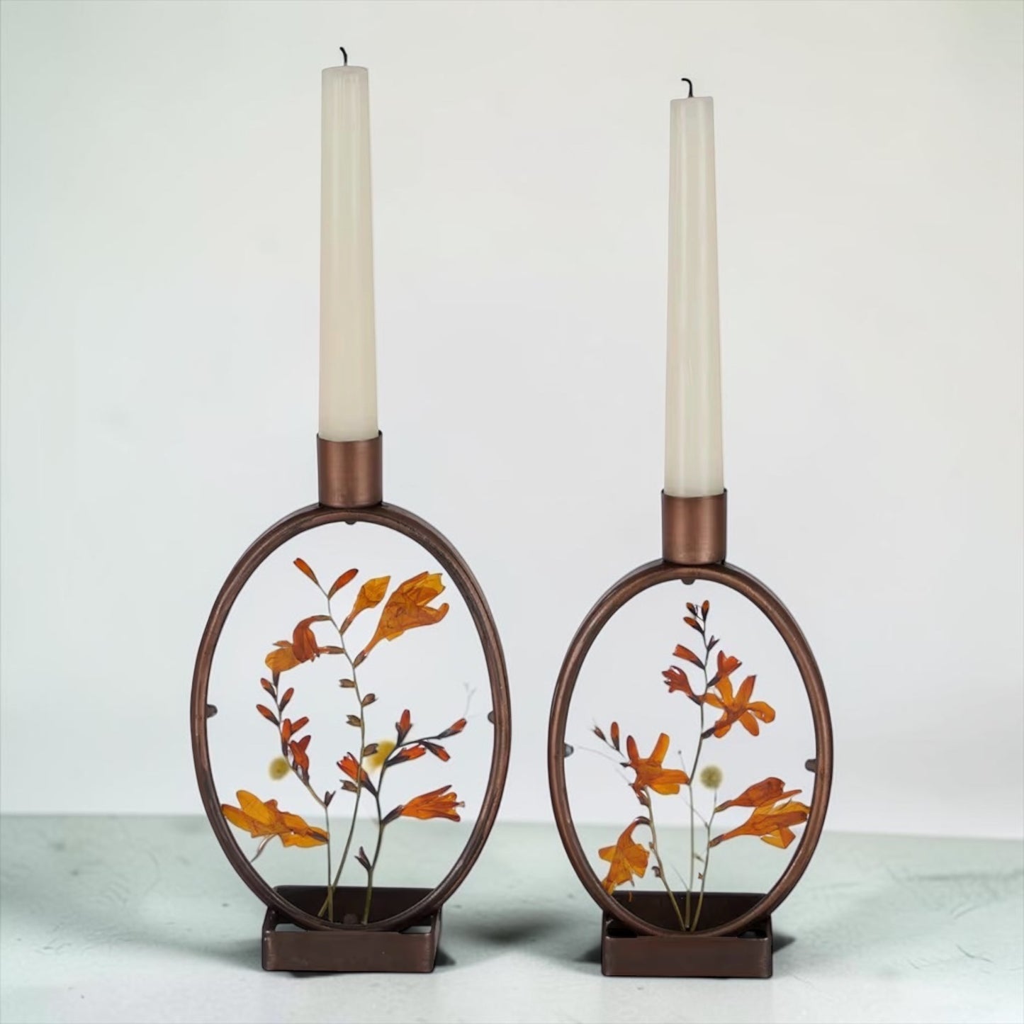Vintage Dried Flame Orchid Nature Botanical Taper Candle Holders - Set of 2