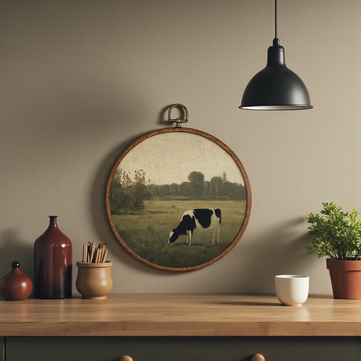 Canvas Animal Artwork: Round Framed