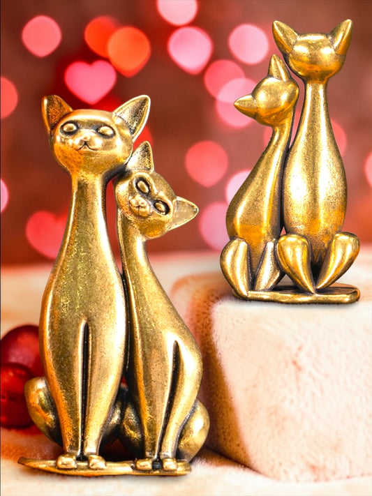 Brass Mini Long Neck Cats Collectible Figurine - Set Of 2
