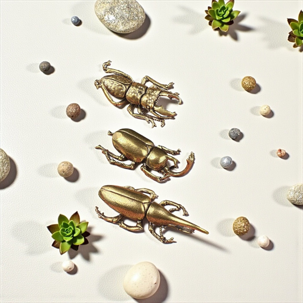 Brass Mini Beetle Family Collectible Figurines - Set Of 3