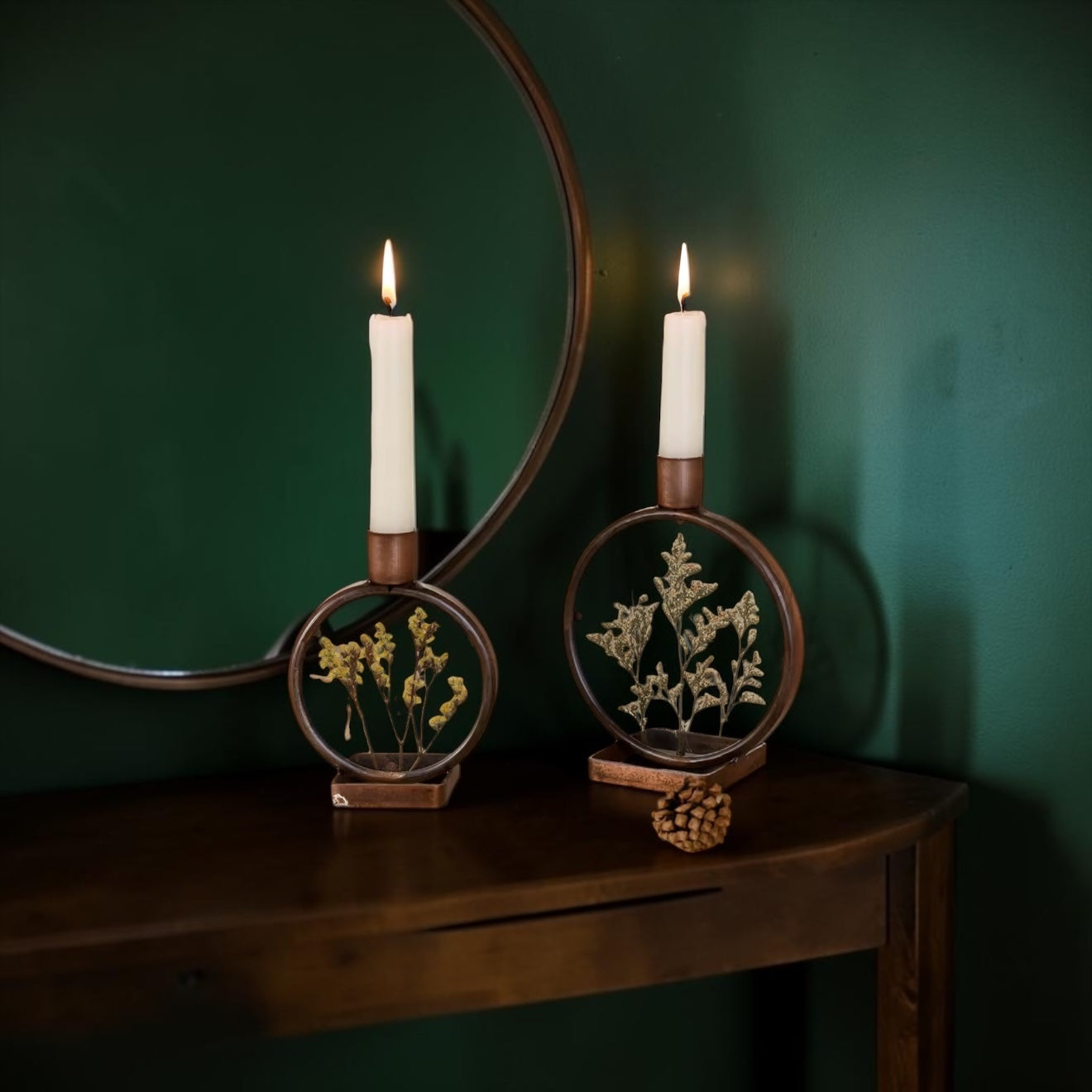 Vintage Dried Flower Round Botanical Taper Candle Holders - Set of 2