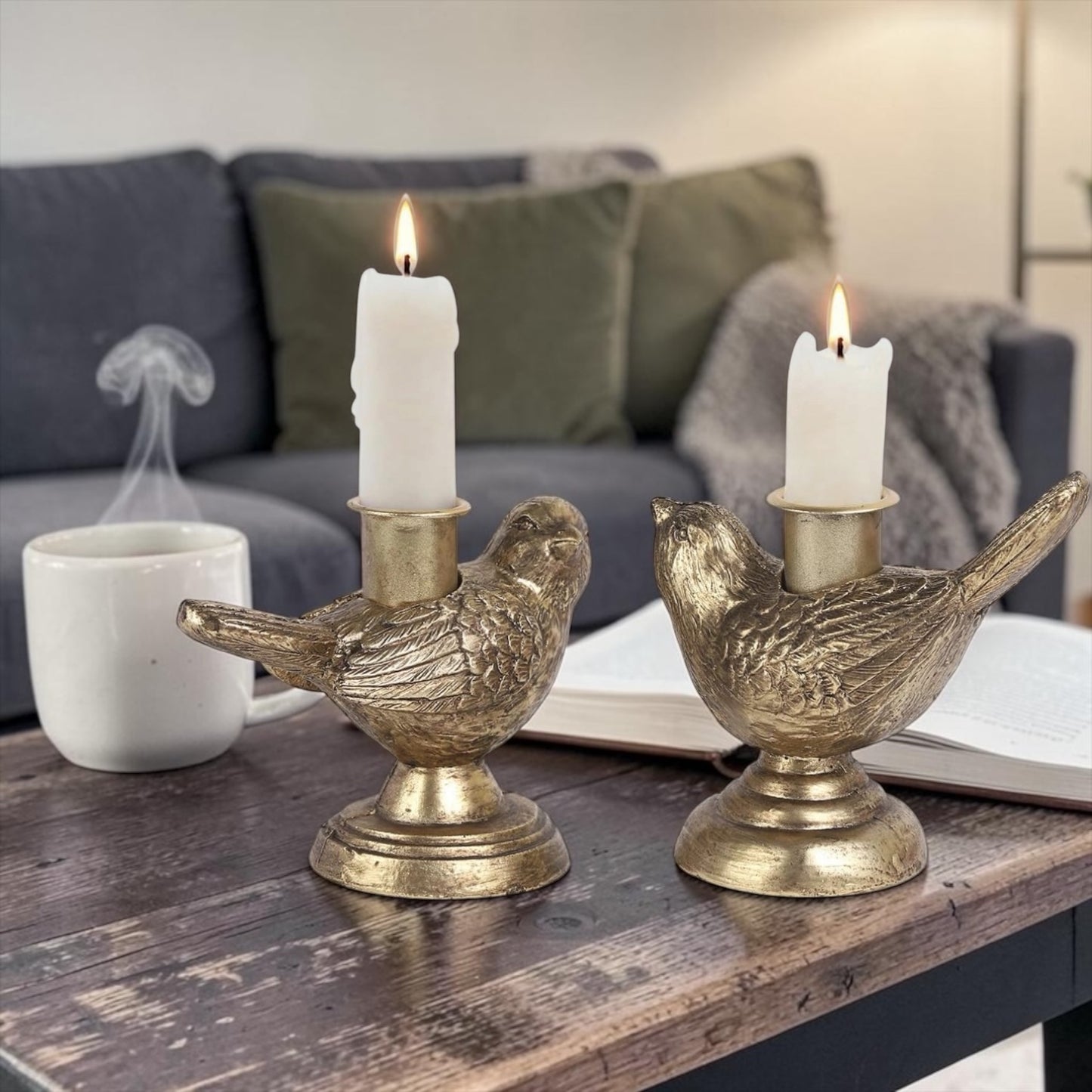 Vintage Gold Taper Bird Candle Holder - Set of 2