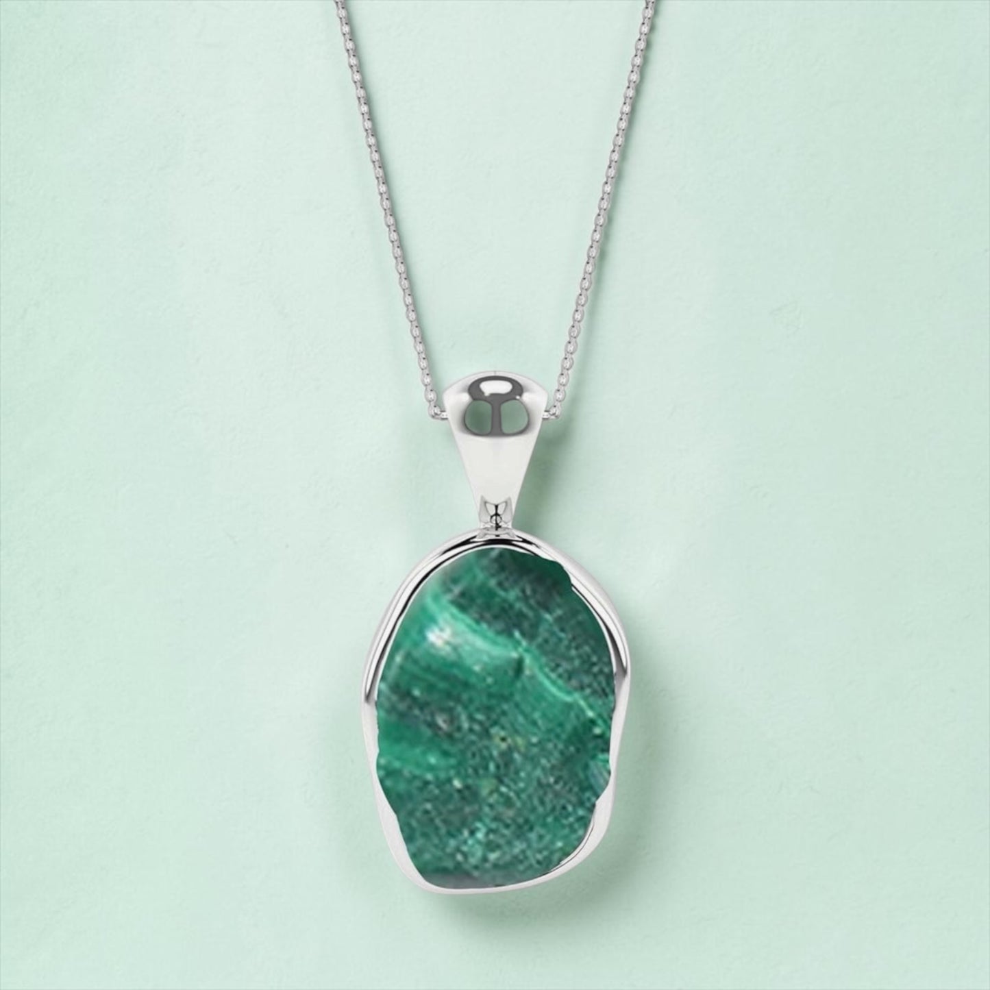 Sterling Silver Natural Malachite Raw Gemstones Pendant Necklace