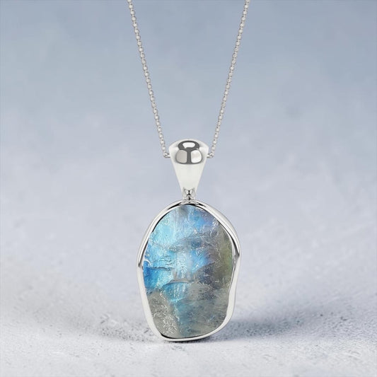 Sterling Silver Natural Rainbow Moonstone Raw Gemstones Pendant Necklace