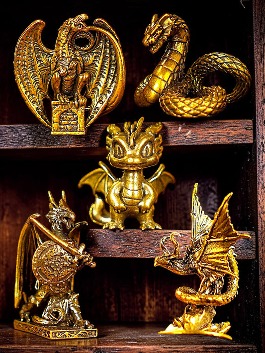 Brass Mini Dragon Family Collectible Figurines - Set Of 5