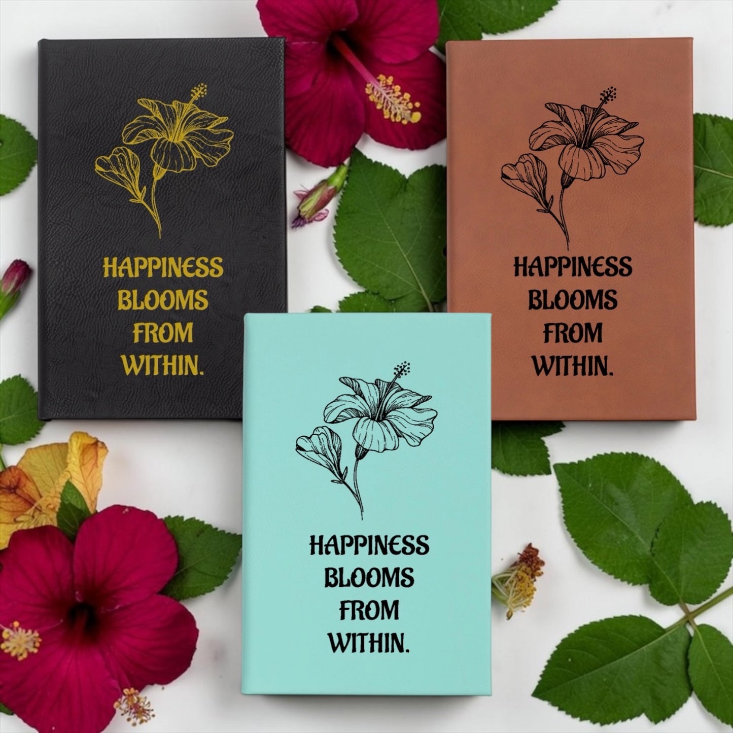 Faux Leather Lined Journal: Happiness Blooms Flower