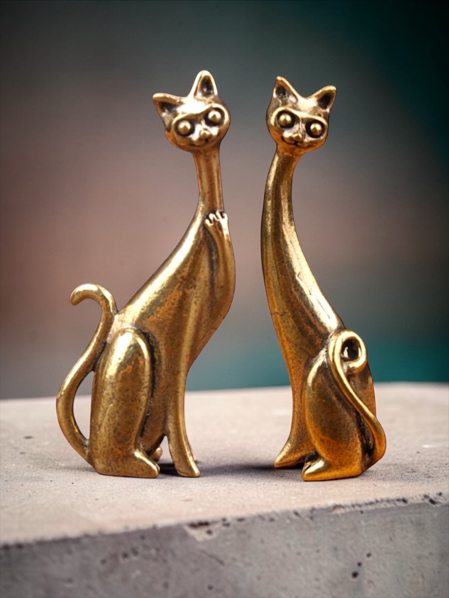 Brass Mini Long Neck Cats Collectible Figurine - Set Of 2