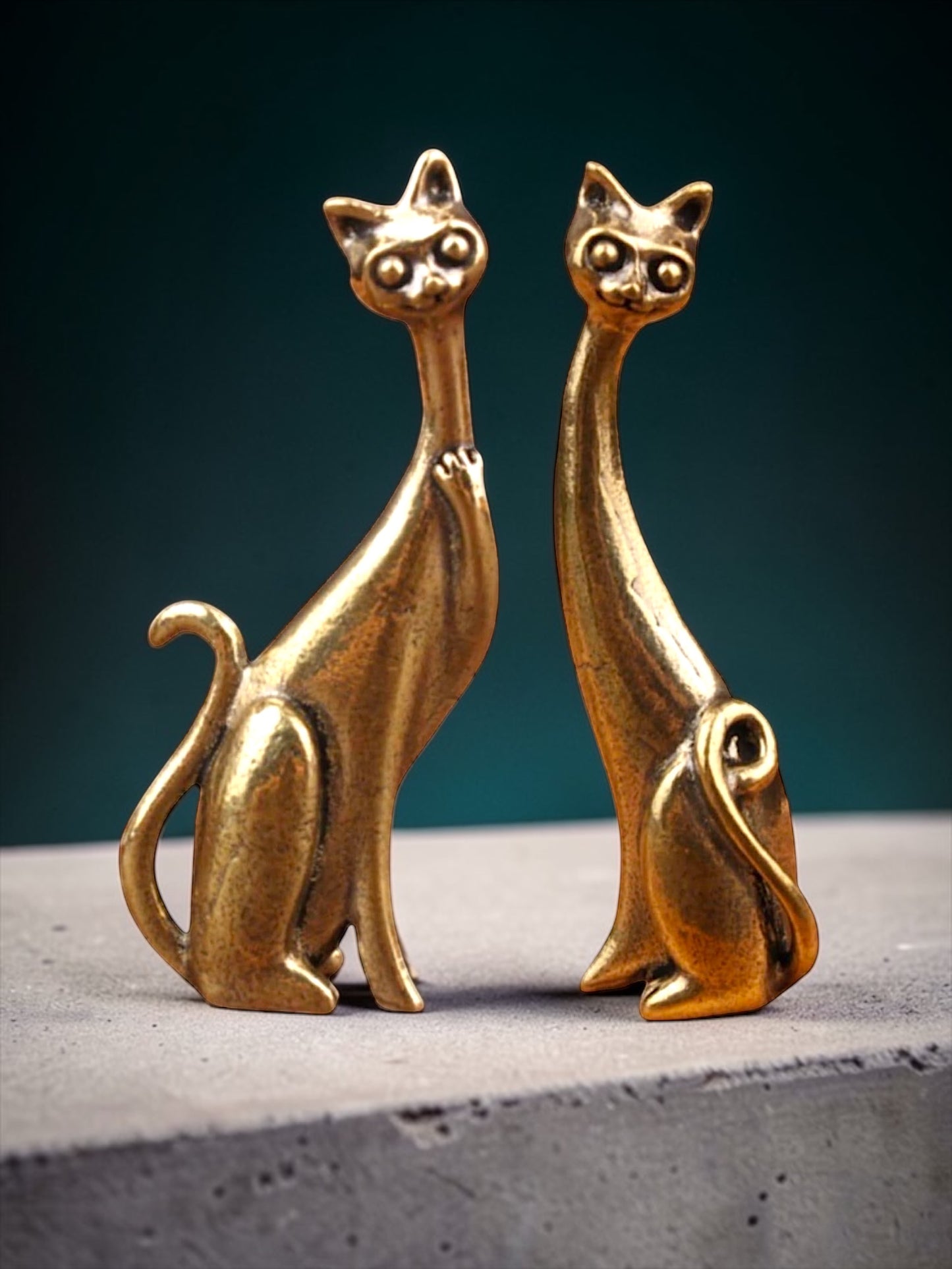 Brass Mini Long Neck Cats Collectible Figurine - Set Of 2