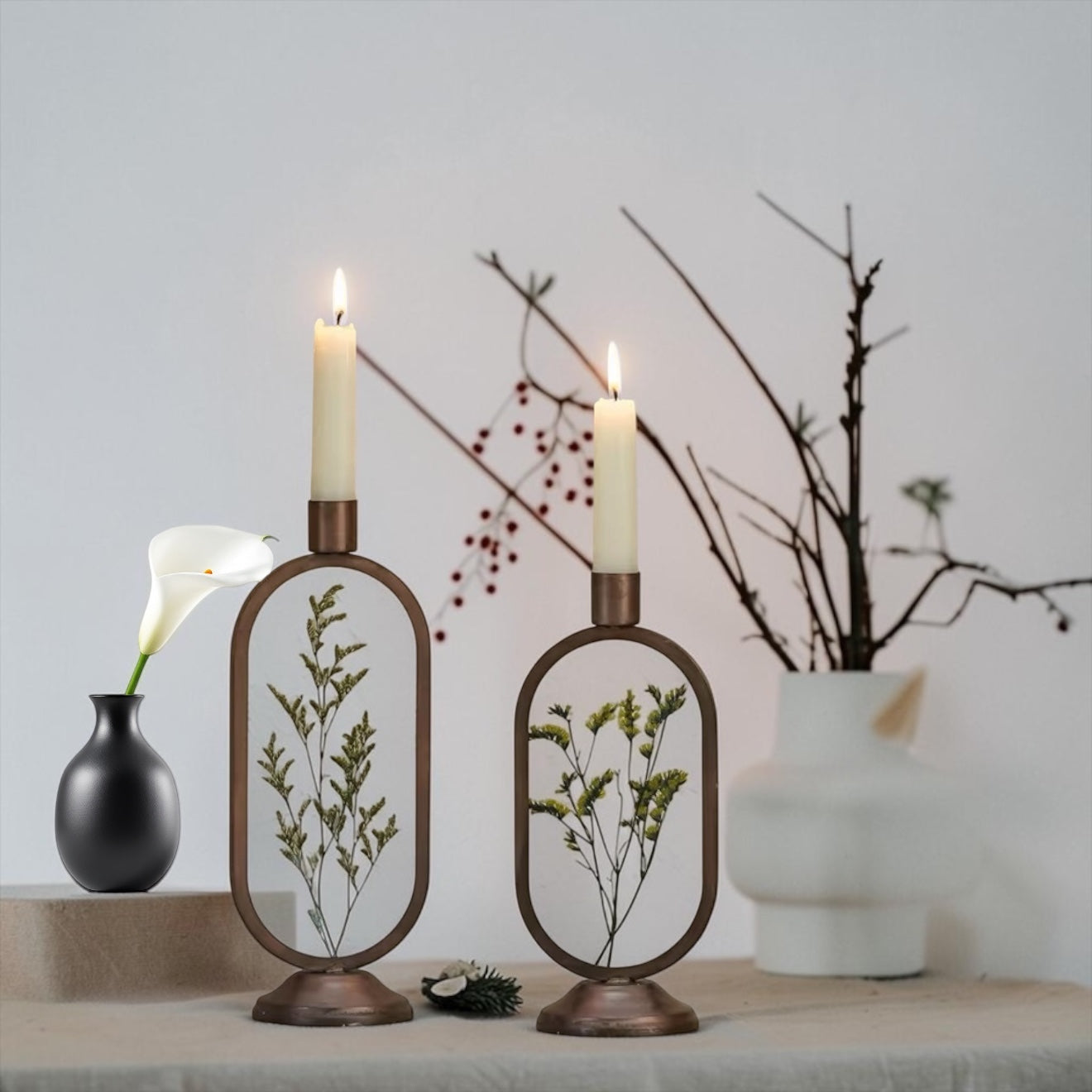 Vintage Dried Flower Oval Botanical Taper Candle Holders - Set of 2