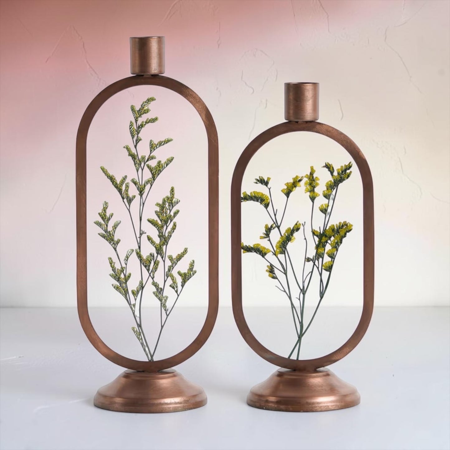 Vintage Dried Flower Oval Botanical Taper Candle Holders - Set of 2