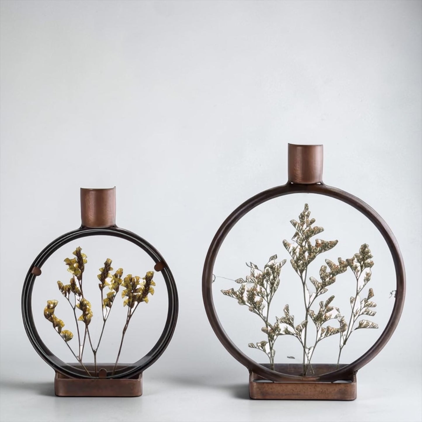 Vintage Dried Flower Round Botanical Taper Candle Holders - Set of 2