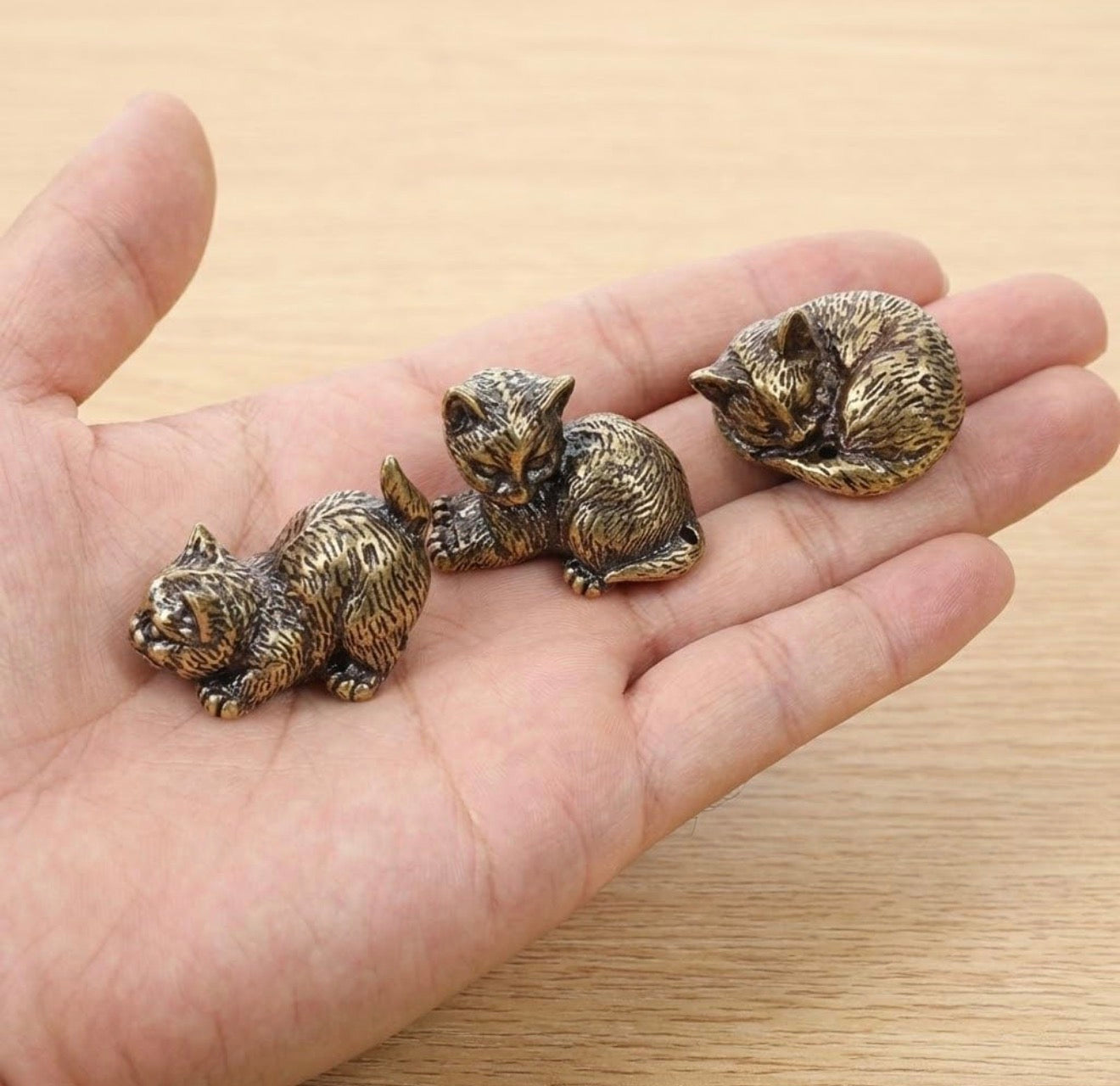 Brass Mini Cat Trio Collectible Figurines - Set Of 3