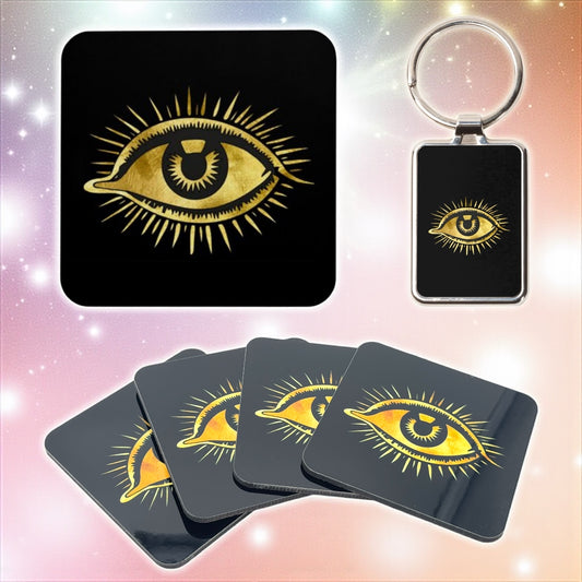 Evil Eye Coaster Set (4-Pack) with Bonus Keychain